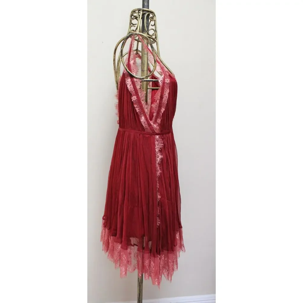 NWT Free People Brenda Knight Marilyn Red Lace Sheer Dress Size Large